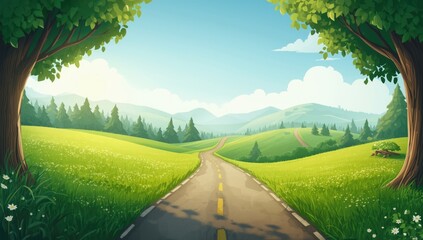 Colorful cartoon landscape featuring a quaint road and rolling hills with vibrant green turf, ideal for children's story backgrounds