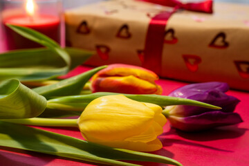 romantic arrangement of three fresh tulips&mdash;red, yellow, and purple&mdash;laying in the foreground, with a blurred gift box wrapped in heart-patterned paper and a lit candle in the background.