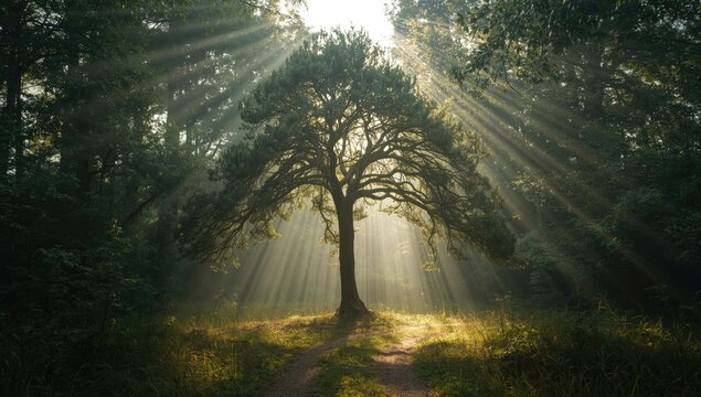 Sunlit trees in a forest environment serving as an editorial header background - Powered by Adobe