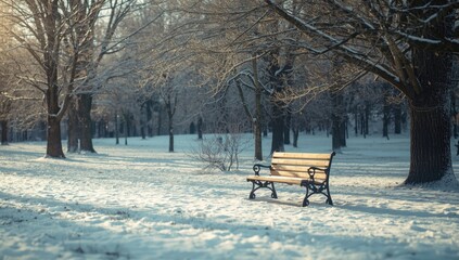 Naklejka premium Snow-covered wooden bench in a park, outdoor seating in winter, seasonal landscape, cold weather