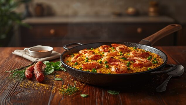Seafood and chorizo ingredients in a skillet on rustic wooden surface, emphasizing meal assembly, Food & Drink