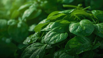 Obraz premium Close-up of raw baby spinach leaves with water droplets, suitable for health and nutrition layout