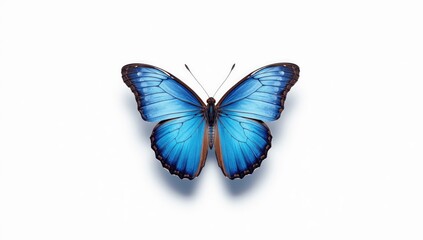 Velvet blue butterfly resting on white background, emphasizing wing structure, insect preservation