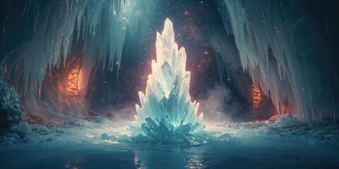 Ice sculpture illuminated by warm light producing a surreal ambiance, ideal for background or layout use