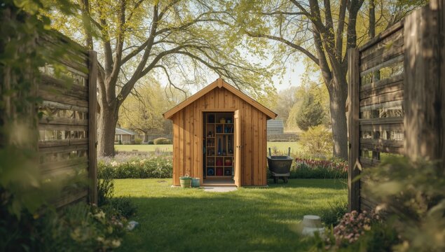 Compact countryside storage hut made of wood for garden equipment and bikes, ideal for rural yards