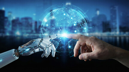 Human hand touching robotic finger with glowing digital globe, symbolizing artificial intelligence collaboration, future technology connection and global innovation concept.