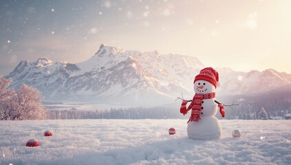 Snowman with red hat scarf and gloves in a winter landscape with mountain backdrop, festive holiday scene