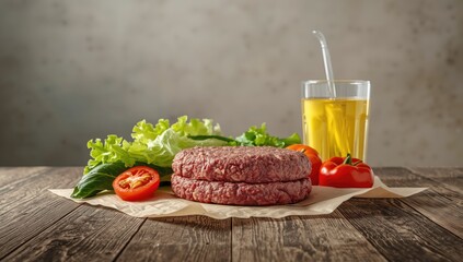 Beef patty with fresh salad on a wooden background, highlighting nutritious meal options and food styling