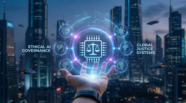Hand holding futuristic digital justice symbol representing ethical artificial intelligence governance, global law systems, legal technology, fairness, transparency and human values.