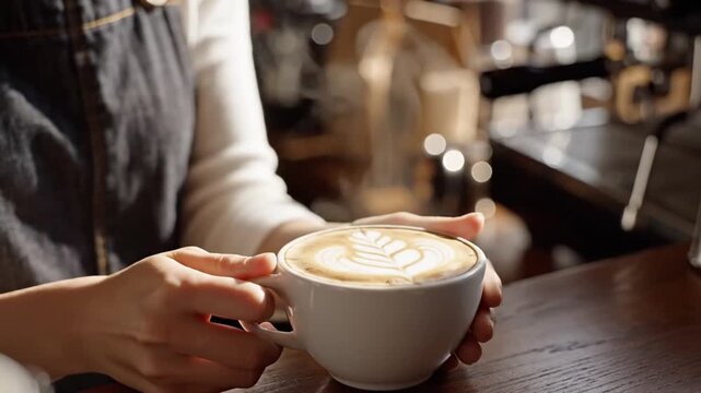 Close-up of barista presenting a crafted cappuccino with latte art in cozy