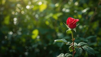 Obraz premium Close-up of a red rose bud on a bush, highlighting natural flowering stages