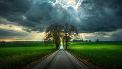 Countryside scene with fluctuating storm and sun, illustrating weather variability in rural areas