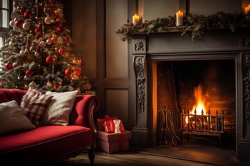 Fototapeta premium Living room interior providing a warm and festive holiday atmosphere