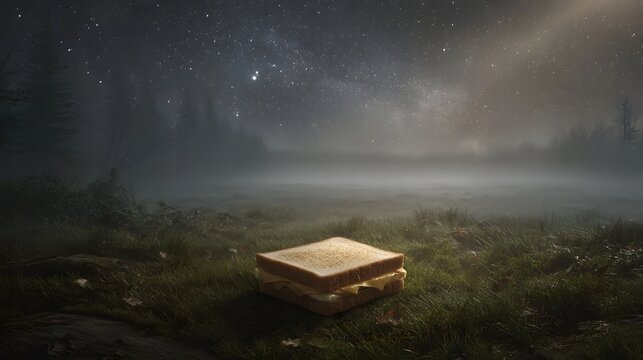 A solitary sandwich rests on a grassy field under a starry night sky enveloped in soft mist and forest shadows - Powered by Adobe