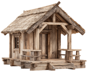 Wooden rustic small hut with thatch roof, miniature structure, isolated on white