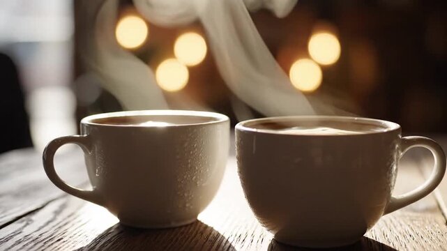 Warm Morning Coffee Cups Rising with Gentle Steam and Cozy Lighting
