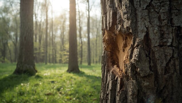 Tree trunk with visible woodworm Ips typographus damage, highlighting pest infestation and wood decay, relevant to forest management