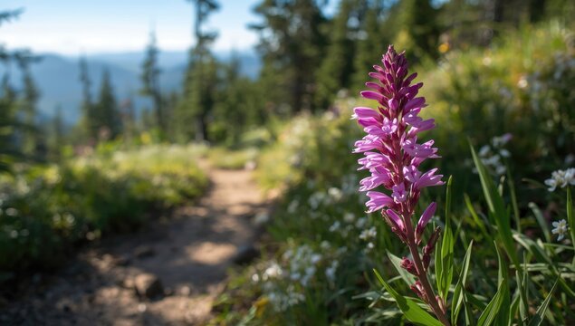 Closeup of pink and purple paintbrush wildflowers on a summer hiking path, suitable for editorial header backgrounds