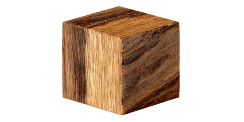 A singular wooden cube with detailed wood grain and a polished surface set against a black backdrop