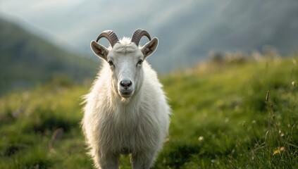 Fototapeta premium Wild mountain goat with prominent horns in a natural meadow, focusing on wildlife preservation, World Wildlife Day