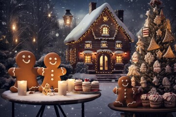 Naklejka premium Gingerbread men standing on tables with candles and desserts next to a decorated christmas tree and cozy cottage