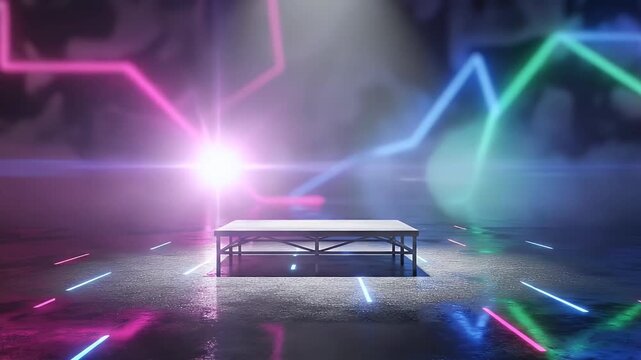 A dynamic and futuristic abstract background featuring a minimalist, spotlighted platform centered on a textured dark floor. Vibrant neon light lines in pink, blue, and green streak across the backgro