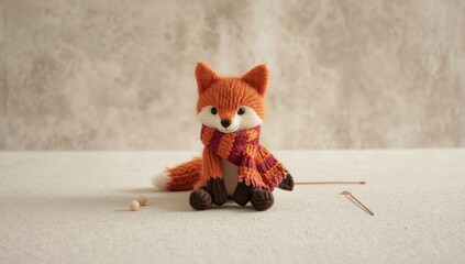 Obraz premium Felted soft toy fox in a warm scarf, highlighting craft therapy for psychological health, World Mental Health Day