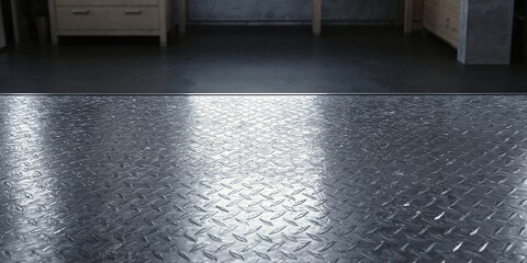 Metal floor plate with diamond pattern used as a display surface, designed for product montage or presentation
