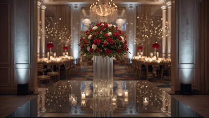 Mirror surface table set up with wedding decorations, focused on layout and design details