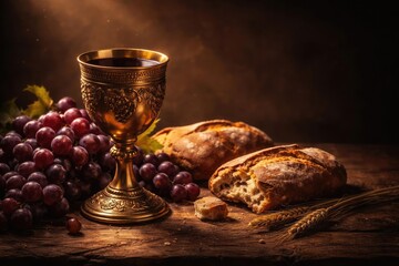 Obraz premium Sacred drink chalice with bunches of grapes and holy bread plus copy space