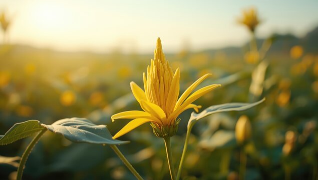 Ladys finger flower in bloom with surrounding foliage in a field, pollination and plant growth