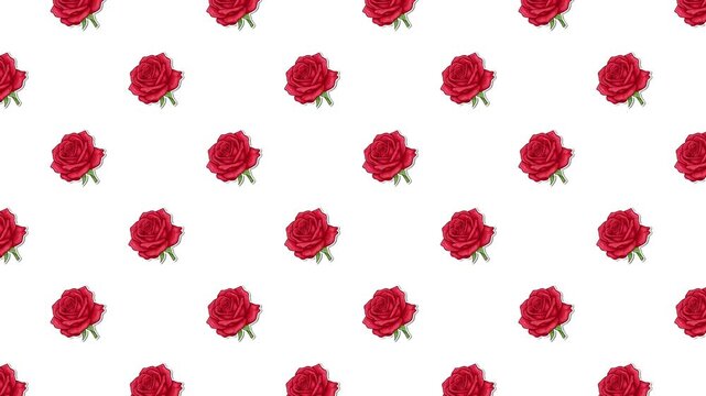 Seamless loop animation of red cartoon roses with green leaves in a sticker style. This repeating floral pattern motion background on white is perfect for Valentine's Day, weddings, and romantic theme