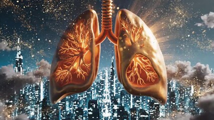 Creative Visualization of Human Lungs Over a Futuristic Cityscape with Cloud