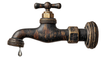A close-up view depicts an aged bronze faucet with a water droplet falling