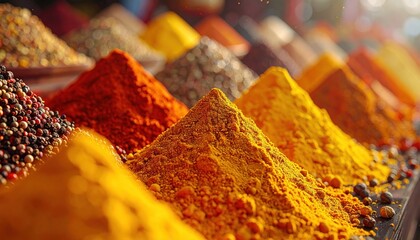 Colorful spice market display with various aromatic powders and grains.