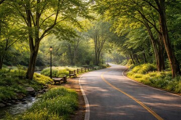 Fototapeta premium Serene street winding through natural park scenery