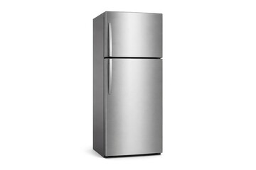Top mount stainless steel fridge with freezer compartment modern kitchen appliance isolated on white background copy space
