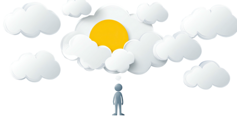 A small figure contemplates a bright sun framed by fluffy clouds.  A thought bubble is above