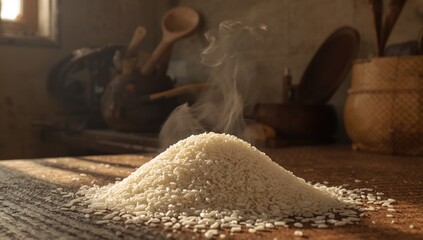 Uncooked bomba white rice, raw grains in an agricultural setting, emphasizing healthy diet choices