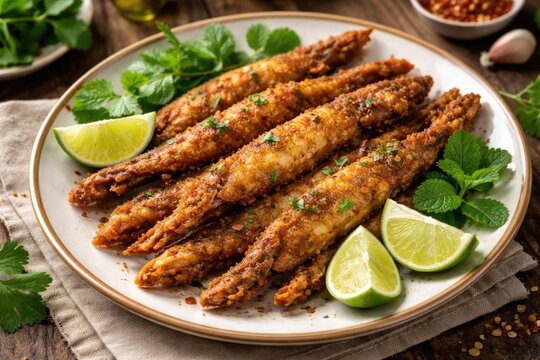 Tasty Bombay Duck displayed on classic plate with lime wedges and garden herbs