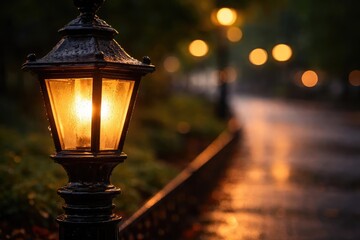 Macro shot of classic lamp post illuminating sidewalk