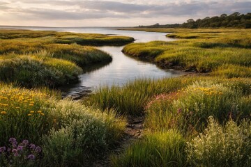 Obraz premium Coastal salt marsh with thriving native plant species in natural condition