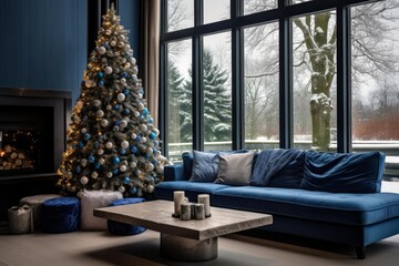 Fototapeta premium Cozy living room featuring a blue sofa, fireplace, and illuminated christmas tree looking out to a winter landscape