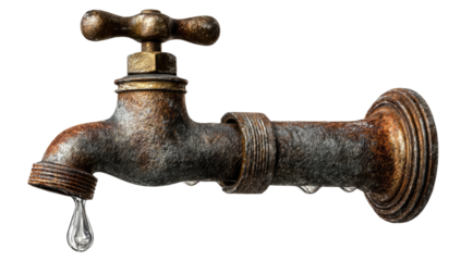 Close-up of an aged, rusted faucet dripping water, isolated on black