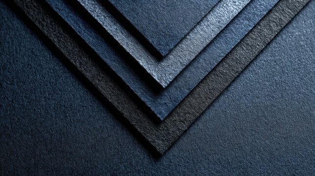 Abstract composition featuring layers of textured dark blue and charcoal felt material overlapping in a sharp chevron pattern showcasing fiber density and moody lighting.