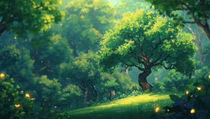 Animated summer forest with various trees in anime style, ideal for UI backdrop, Earth Day