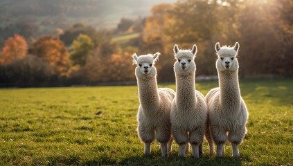 Obraz premium Cute llamas resting in the countryside, rural setting, animal behavior, outdoor scene, wildlife photography
