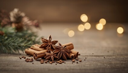 Anise seeds and cinnamon sticks placed on wooden surface, useful as culinary or medicinal background for food styling