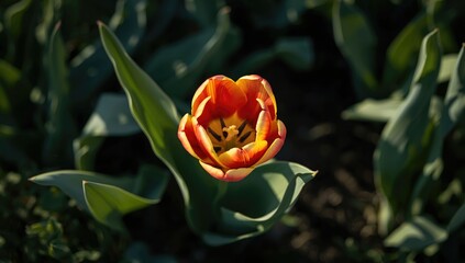 Detailed view of a tulip with vibrant red and yellow petals in a garden setting, highlighting springtime growth