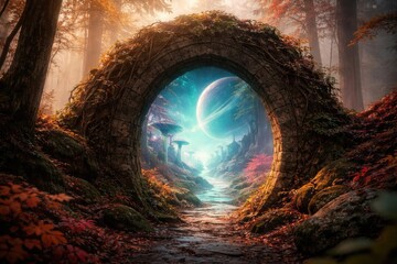 Alien world access via ancient stone arch enveloped by autumn mist in forest closeup